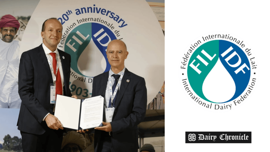 IDF Director General Laure Rycken and IDF President Piercristiano Brazzale signing the Paris Dairy Declaration on sustainability