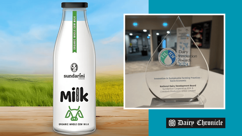 Sundarini milk and logo, symbolizing the cooperative's award win at the IDF Paris event.