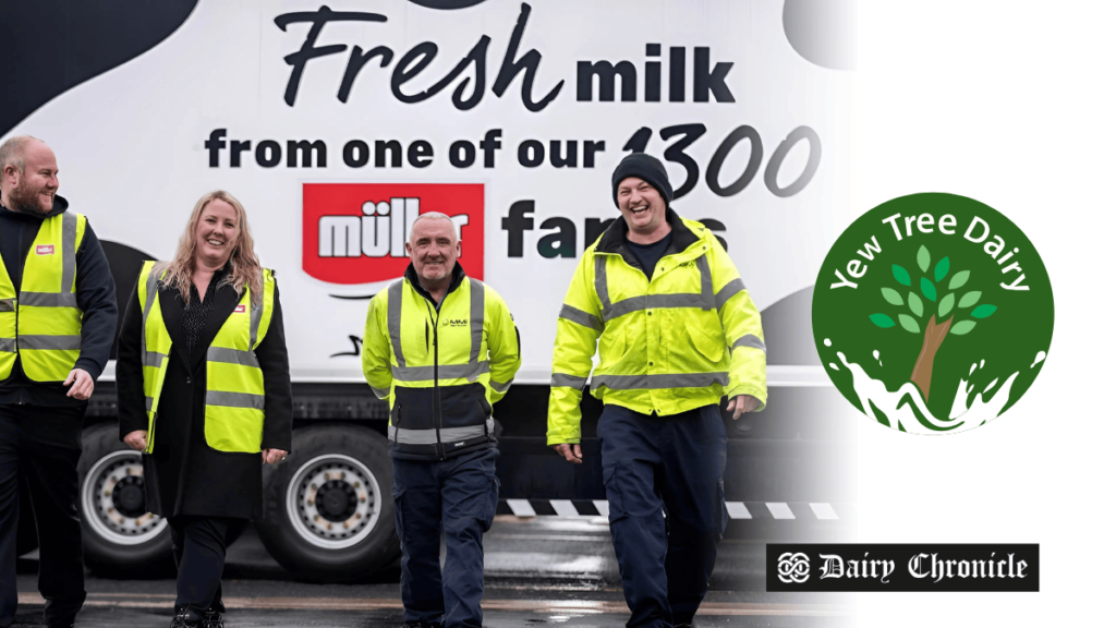 People standing with a Müller truck in the background, symbolizing Müller’s presence in the UK dairy industry.