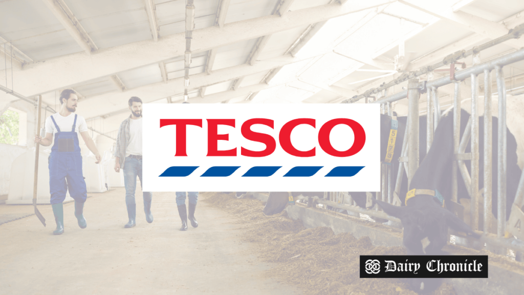 Tesco logo in the foreground with a dairy farm in the background, representing the partnership to cut carbon emissions in UK dairy farming.