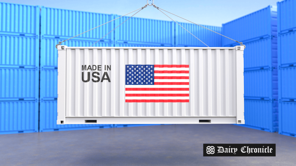 Shipping container with the USA flag in the foreground, symbolizing the uncertainty faced by Idaho's dairy industry amidst proposed mass deportations.