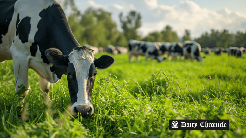 Cows grazing on a lush field, representing sustainable and eco-friendly dairy farming practices in partnership with Milk Sustainability Center.