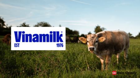 A calf standing in a green field beside the Vinamilk logo, symbolizing sustainability in dairy farming