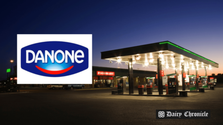 Danone products displayed in a school cafeteria and a gas station, symbolizing the company’s unconventional sales approach.