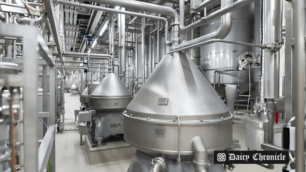 A modern dairy processing plant with automated machinery, representing the role of AI in dairy equipment engineering.