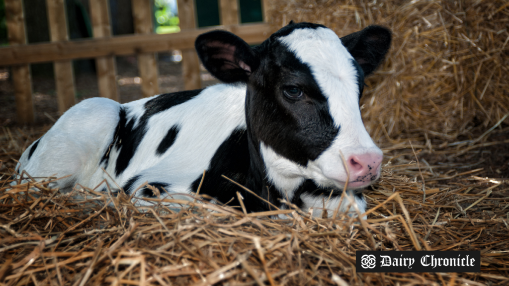 A healthy calf standing in a barn.