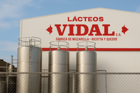 Lácteos Vidal logo with a dairy factory and union protest imagery, representing the legal and labor dispute in Argentina’s dairy sector.