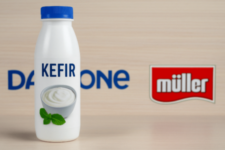 Danone and Müller branded kefir bottles on display, showing growing interest in probiotic dairy products.