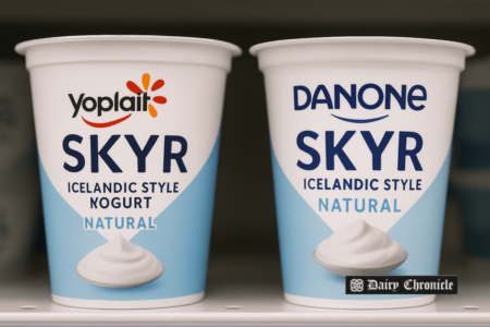 Yoplait and Danone yogurt products displayed side by side amid ongoing legal dispute.