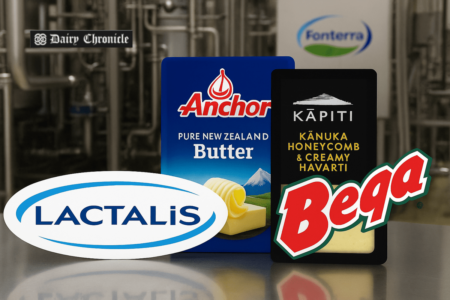 Logos of Lactalis, Bega Cheese, and Fonterra representing the competitive bid for Fonterra’s consumer dairy assets.