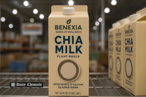 Glass of chia milk with chia seeds, representing a sustainable dairy alternative.