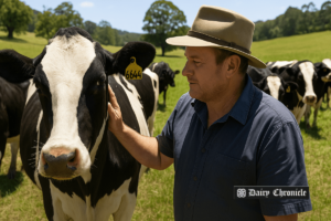 Heat-tolerant dairy cows grazing on farmland in a sunny climate, representing innovation in sustainable dairy farming.