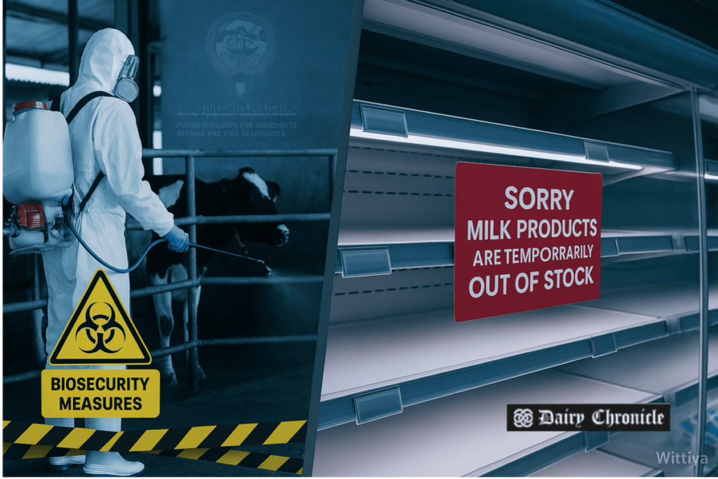 Veterinary staff inspecting infected dairy cows during FMD outbreak in Kuwait