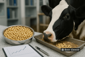 Dairy cow feeding on high oleic soybean-based feed at a farm