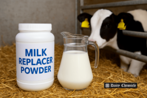 Farmer feeding preweaned calves with milk containing milk replacer powder