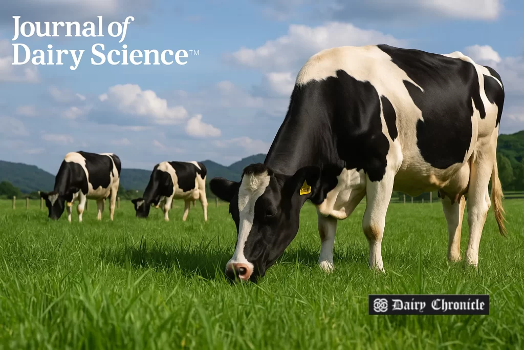 Cows grazing on pasture as part of a grass-fed dairy farming system