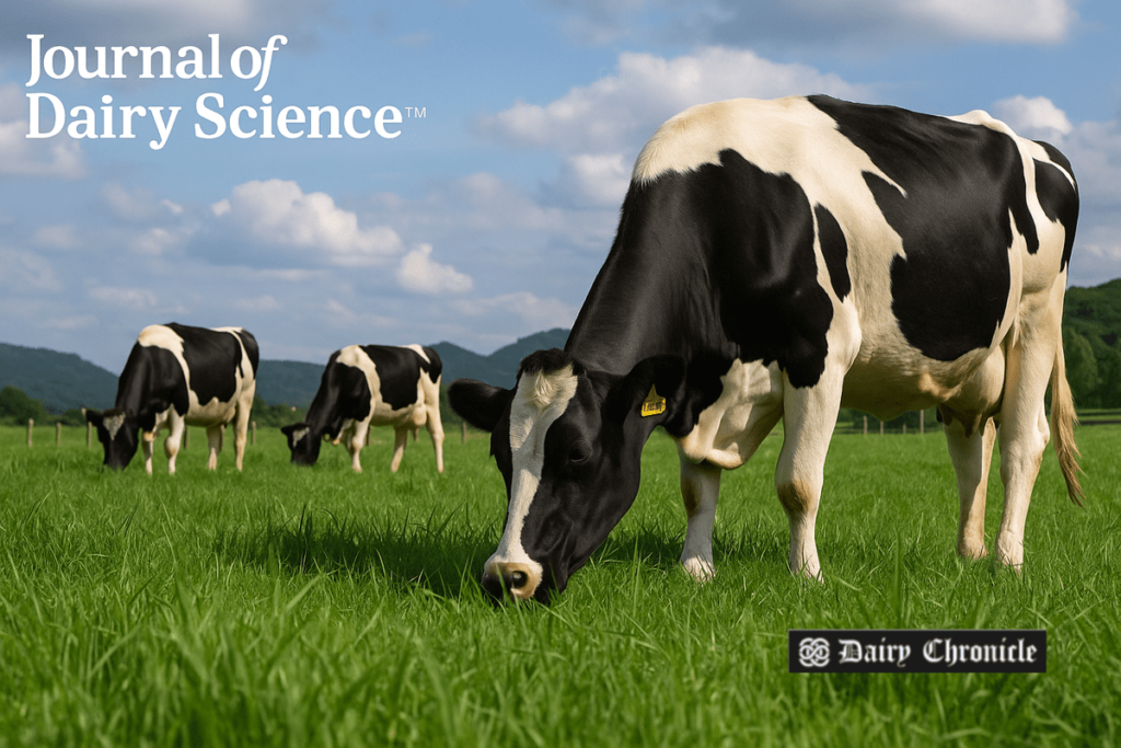 Cows grazing on green pasture as part of a grass-fed dairy farming system