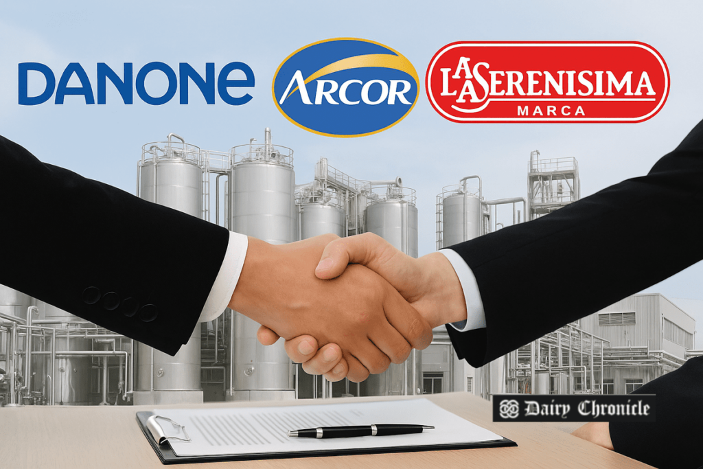 Logos of Arcor, Danone, and La Serenísima representing the strategic alliance in Argentina's dairy industry