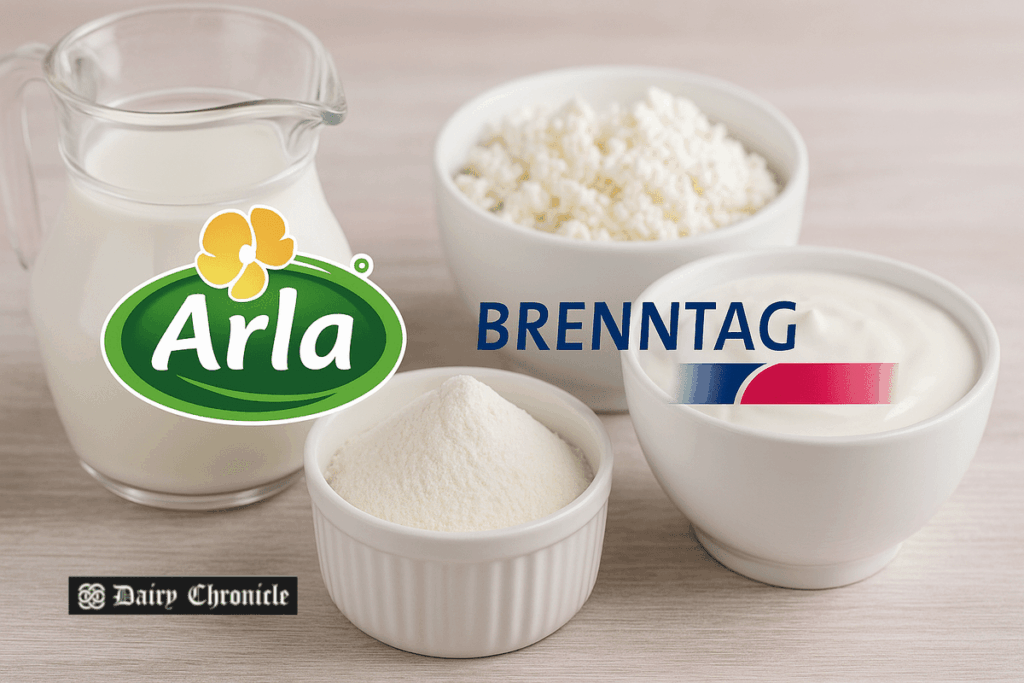 Arla and Brenntag executives shaking hands to announce partnership in Southeast Asia