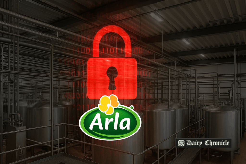 Cyberattack alert on screen with dairy factory in the background