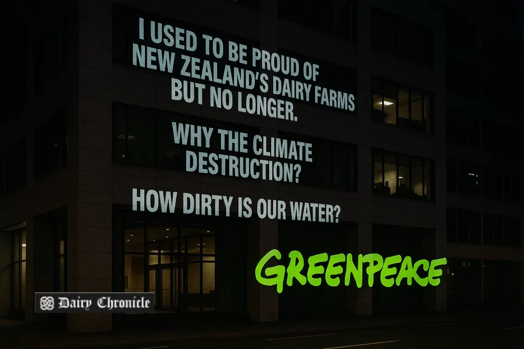 Greenpeace activists project environmental messages onto Fonterra's Auckland headquarters during a climate protest