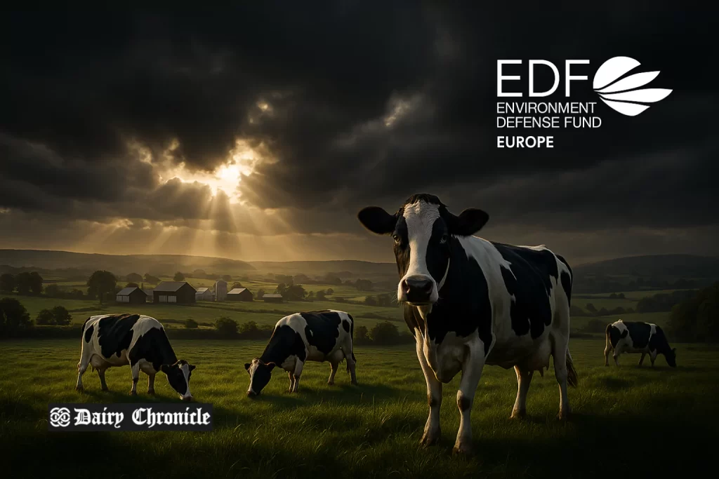 Irish dairy cows grazing on clover-rich pasture with low-emission slurry spreader in the background
