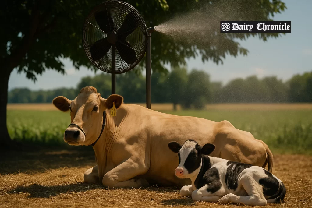 Pregnant dairy cow resting in shade during summer to prevent heat stress