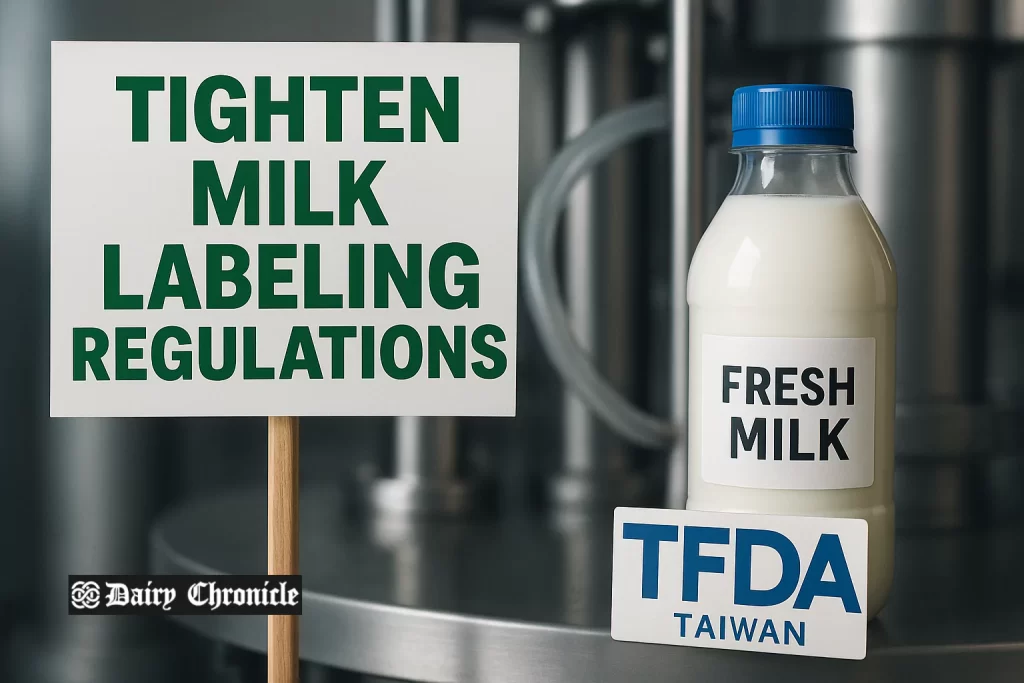 Taiwan FDA official inspecting milk bottles under new fresh milk labeling rules