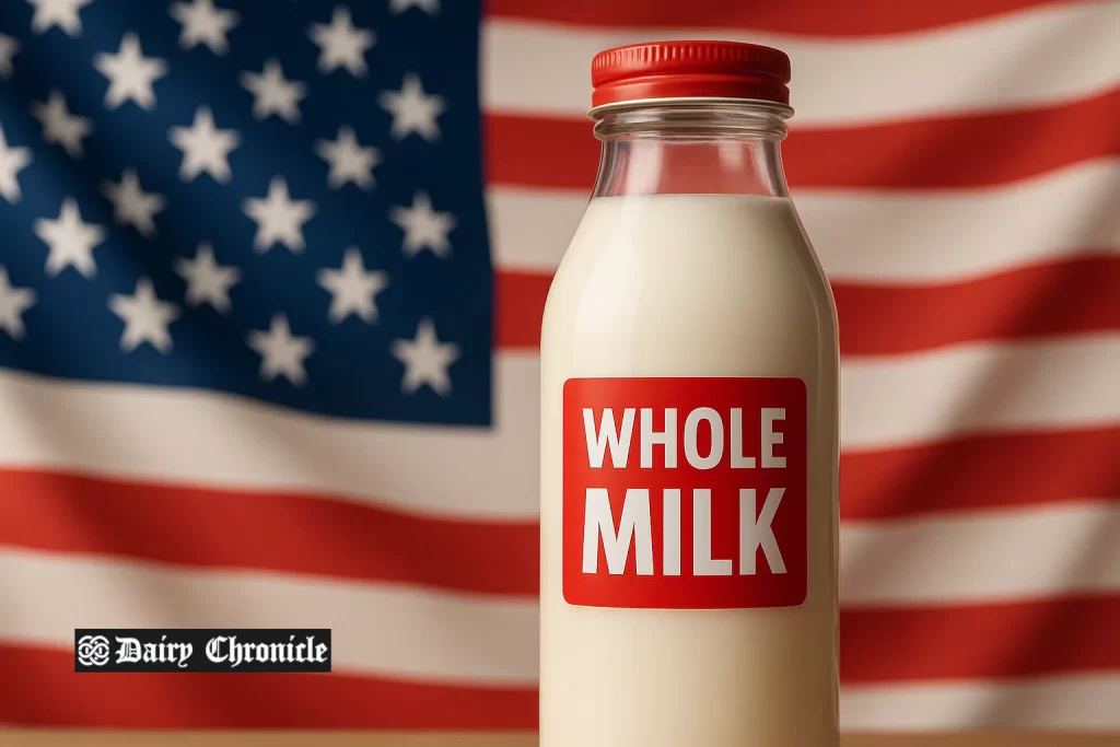 Glass of whole milk on counter representing shift in U.S. nutrition policy support for full‑fat dairy