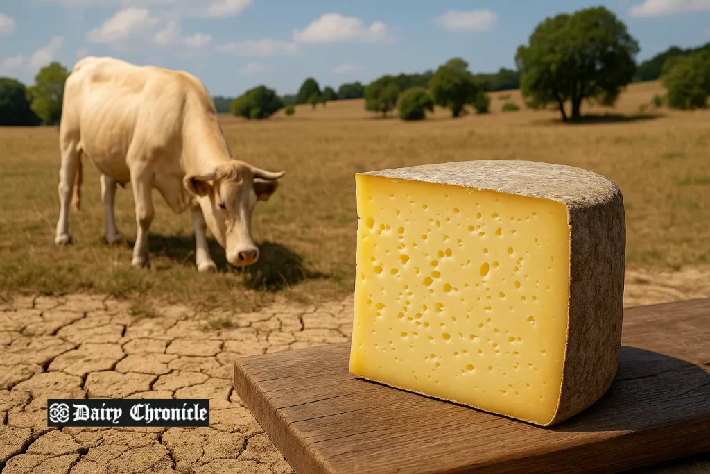 Artisanal cheese wheels aging in humid cave under shifting climate conditions affecting flavor development