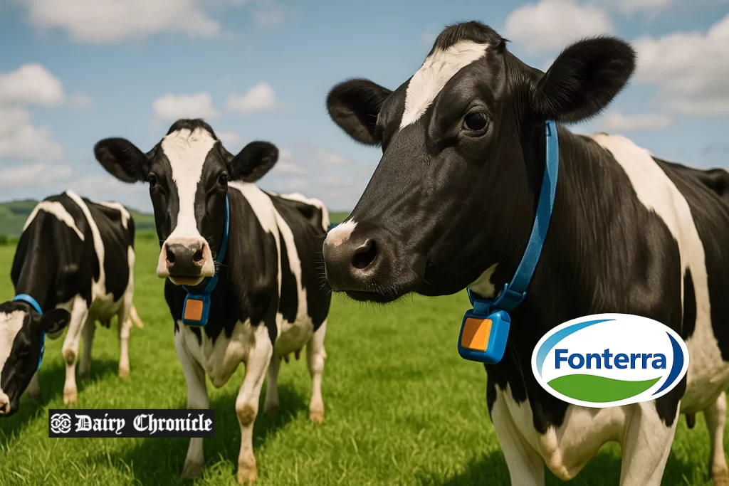 Dairy cow wearing smart collar grazing on corn‑fed pasture in New Zealand innovation farm