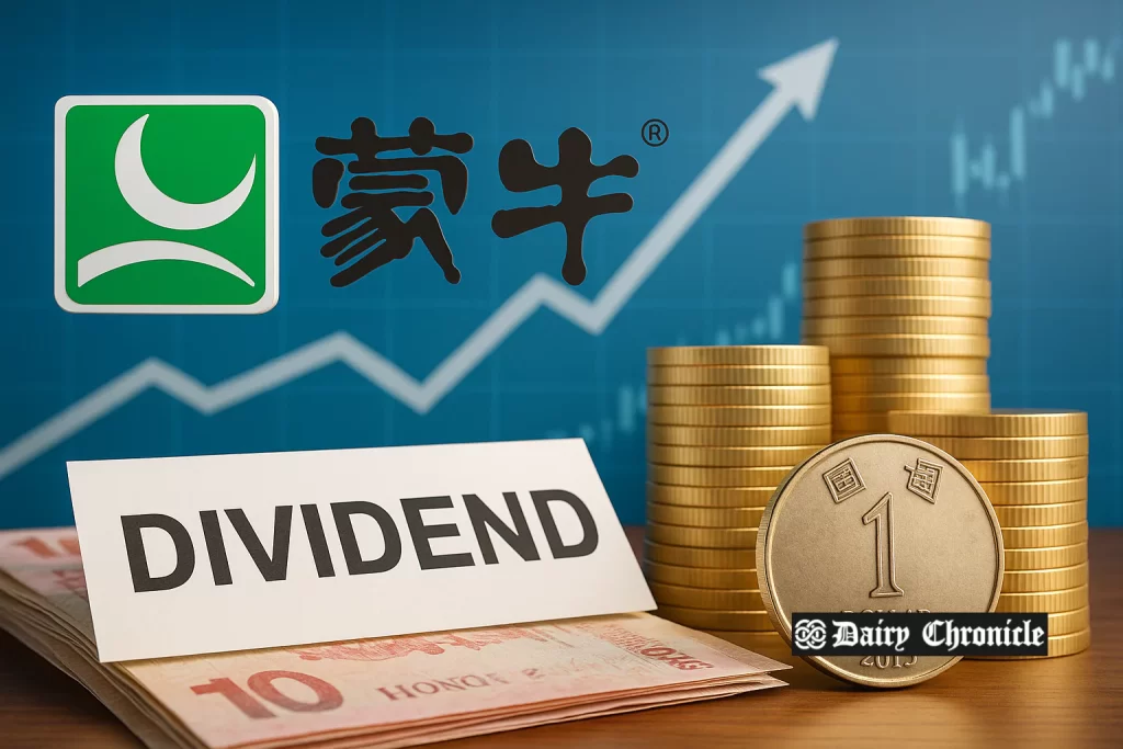China Mengniu Dairy logo with Hong Kong dollar notes symbolizing final 2024 dividend payout