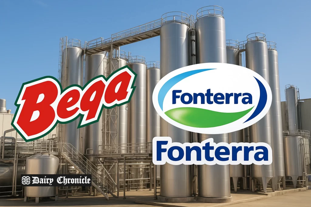 Bega Cheese logos and Fonterra brands like Anchor and Mainland, symbolizing a potential Oceania merger