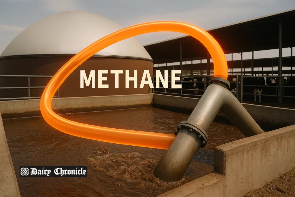 Covered anaerobic digester lagoon on a California dairy farm capturing methane gas