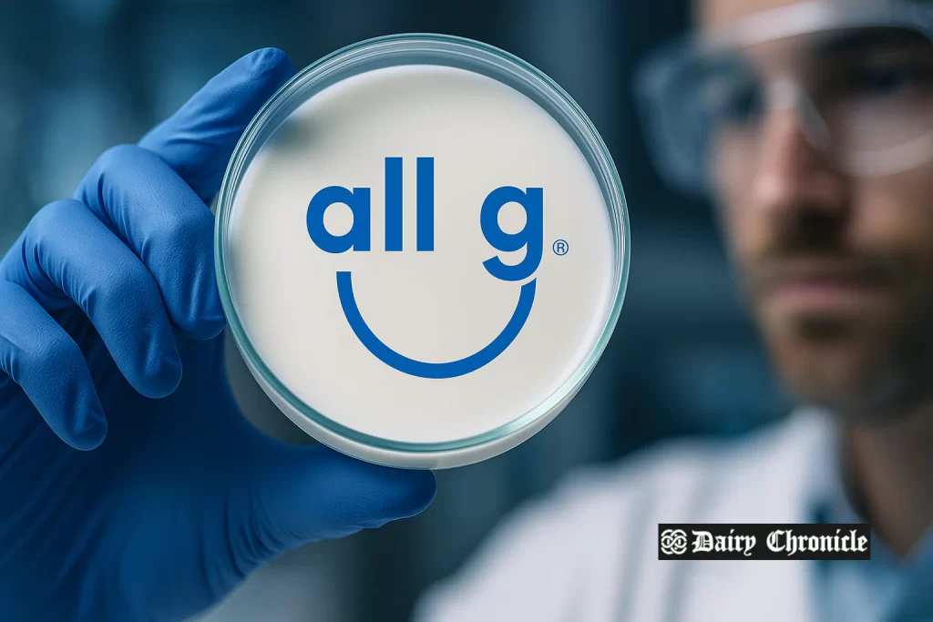 Lab technician developing real milk proteins through precision fermentation without using a cow or farm