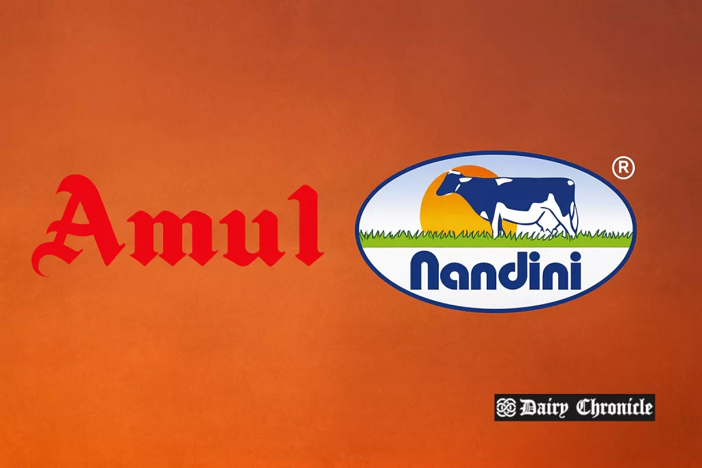 Amul and Nandini dairy products displayed side by side in a Karnataka store, highlighting market competition