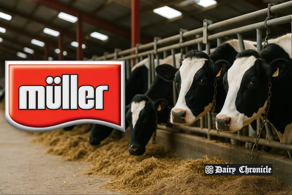 Müller delivery truck at an organic dairy farm in the UK
