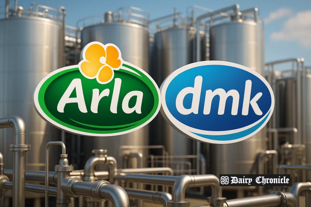 Arla and DMK logos symbolizing their merger in the global dairy sector