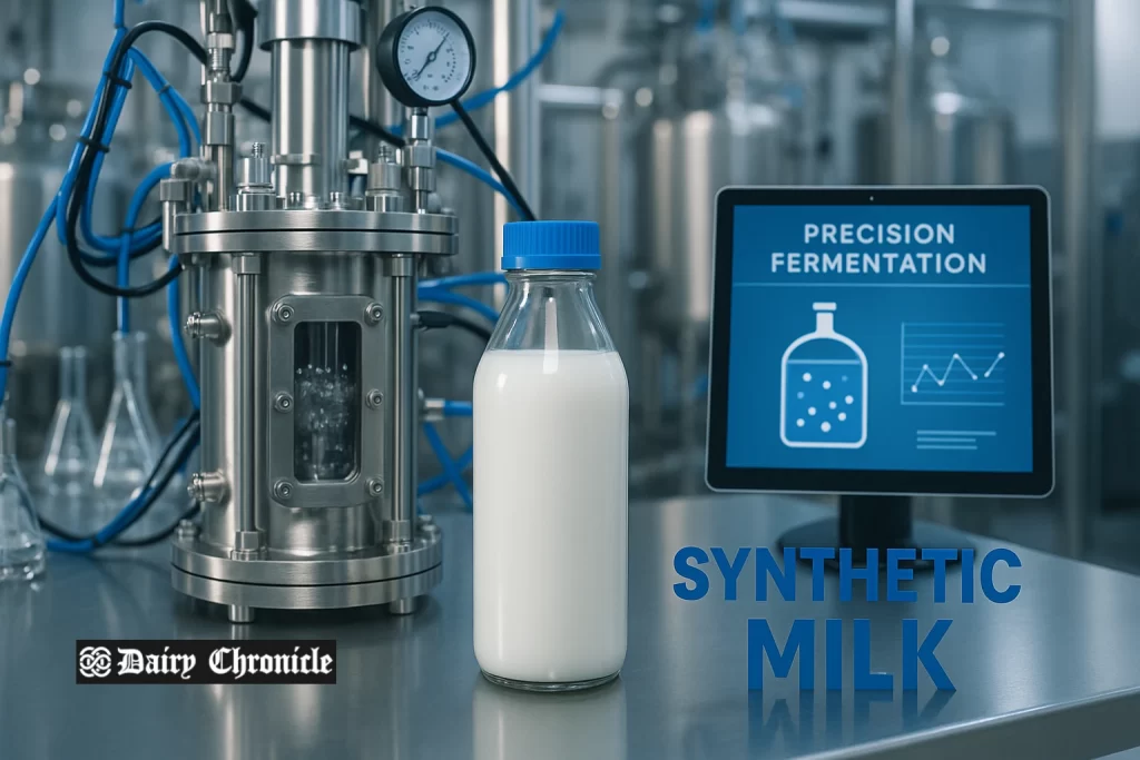 Lab technician in India inspecting synthetic milk produced through precision fermentation