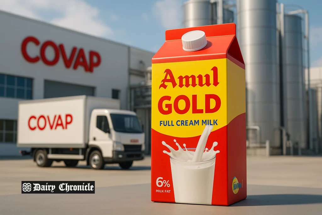 Amul and Covap executives shaking hands during European dairy partnership signing