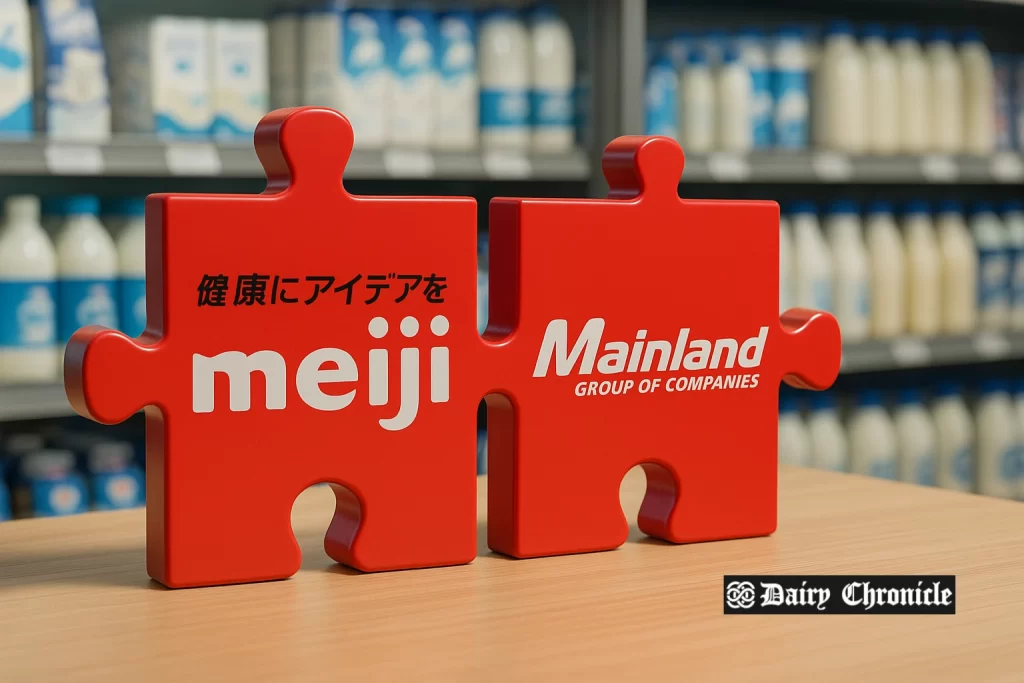 Meiji and Fonterra logos side by side over map of New Zealand and Japan