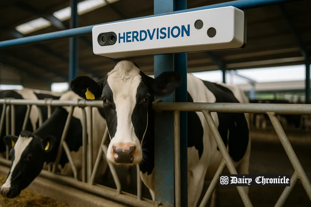 Cow being monitored with infrared and AI technology for real-time health tracking