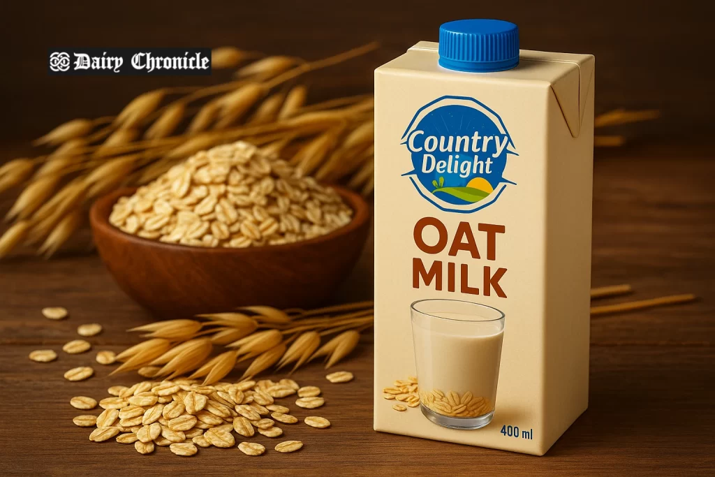 Country Delight ₹40 oat milk pack next to mobile app screen