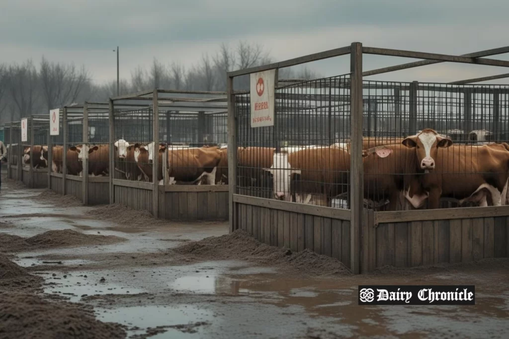 Cattle being quarantined at a Turkish livestock market during foot‑and‑mouth disease lockdown
