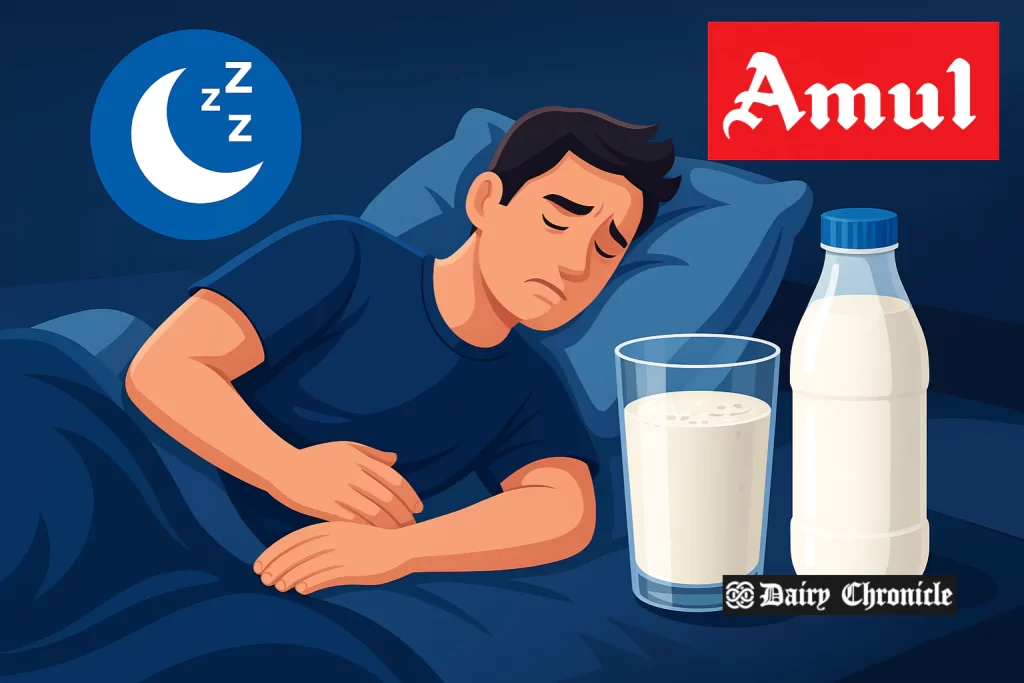 Person holding stomach in bed at night with milk glass nearby, showing lactose discomfort affecting sleep