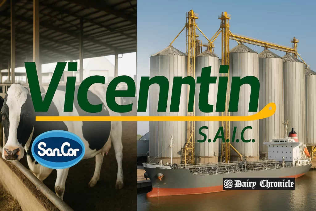 SanCor and Vicentin logos overlaid on a dairy plant backdrop symbolizing corporate turnaround