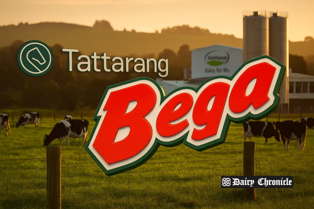 Bega and Fonterra logos on a background of dairy production facilities with question mark overlay