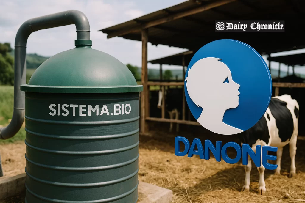 A smallholder farmer with a Danone-installed biodigester in a rural agricultural setting