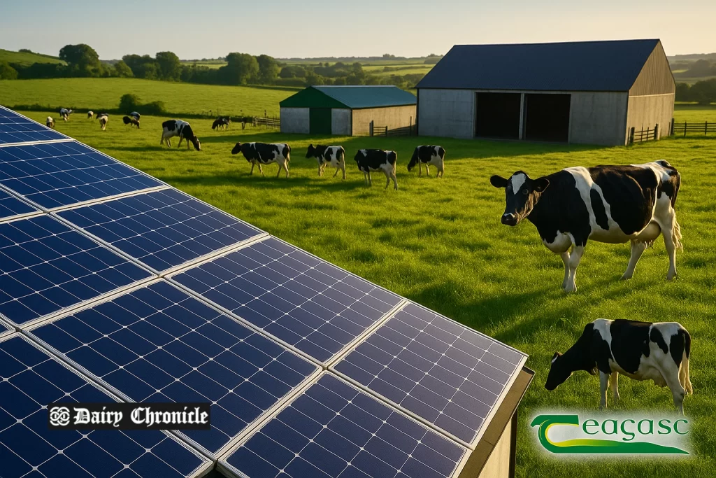 Irish dairy farm with solar panels installed on barn rooftops and grazing cows nearby