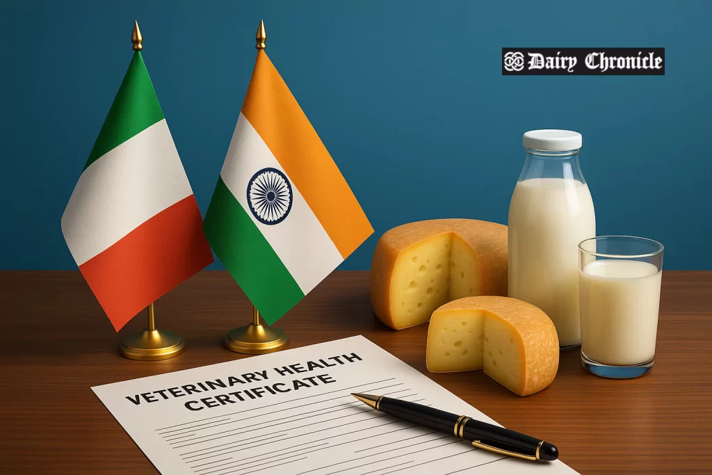 Officials from India and Italy shaking hands with dairy products and flags in the background
